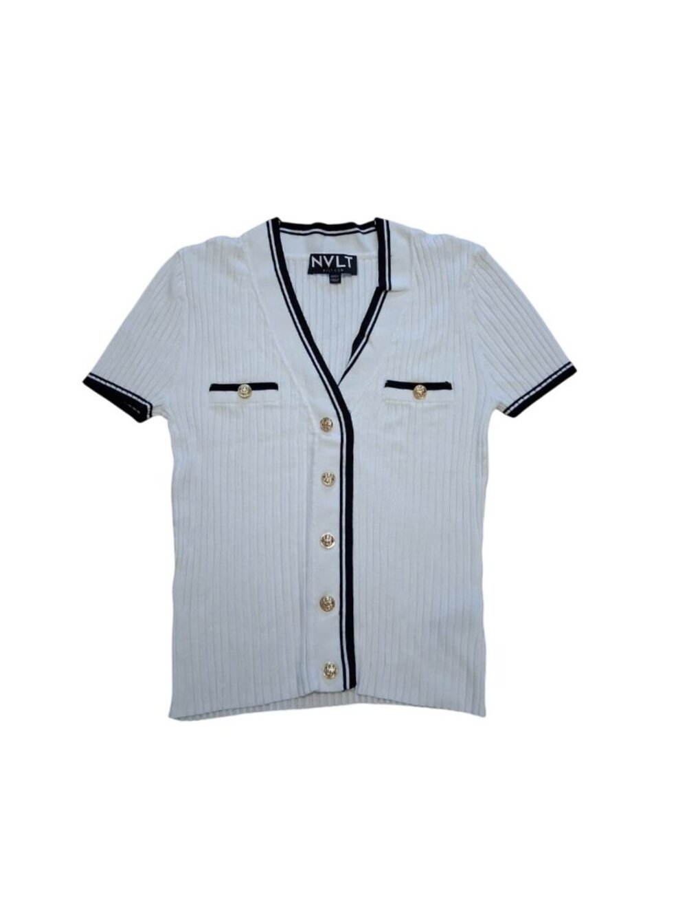 NVLT Ribbed Knit Cardigan Short Sleeve V-Neck S White Black Gold